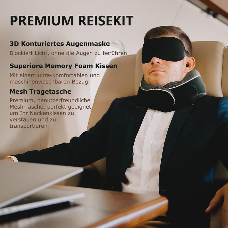 Proglobe Memóriahabos Nyakpárna Utazáshoz - Ortopéd Támasz Repülőre, Autóba, Vonatra - 3D Alvómaszk, Füldugó és Hálós Táska - Fekete
