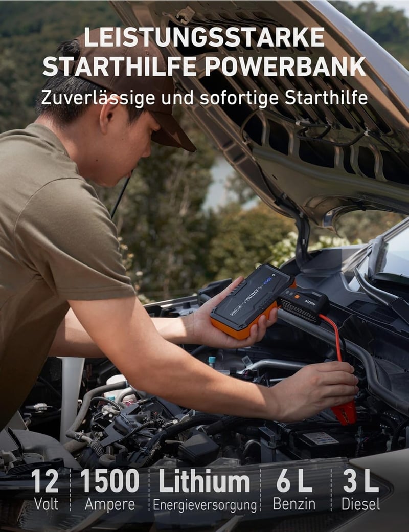 AstroAI S8 Hordozható Autós Bikázó 1500A, Powerbank Funkcióval, 12V Akkumulátor Indító 6.0L Benzines és 3.0L Dízel Motorokhoz