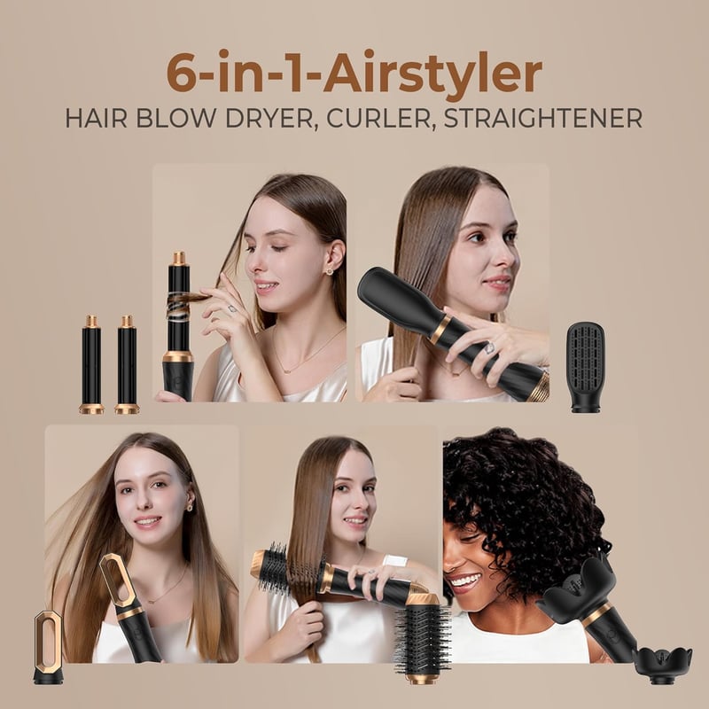 Airstyler 6 az 1-ben Hajformázó Készlet - Körkefés Hajszárító, Meleglevegős Kefe, Diffúzor, Göndörítő - Egyenesítéshez, Szárításhoz, Dúsítás