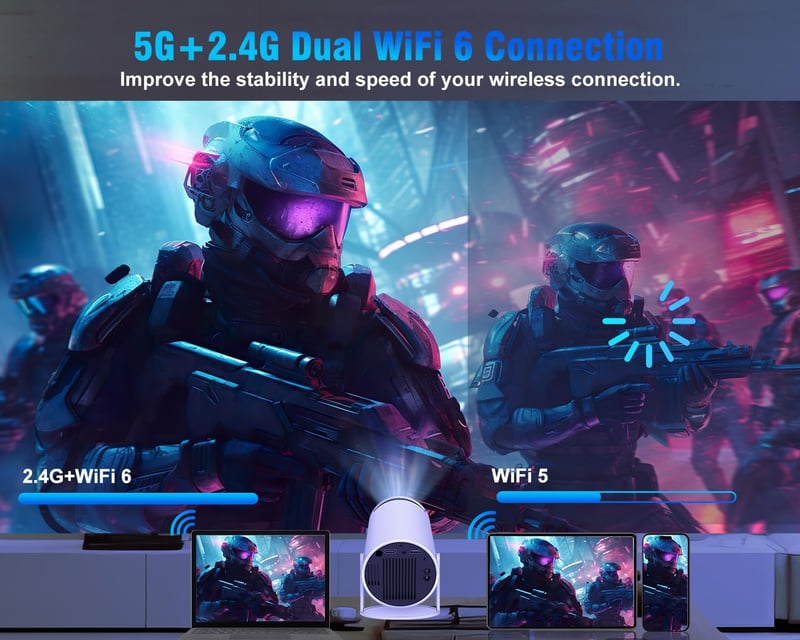 Alwtniet 4K Hordozható Mini Projektor Android 11 - 200 ANSI Lumen, 5G WiFi 6, Bluetooth 5.0, 180° Forgatható, Automatikus Trapézkorrekció, F