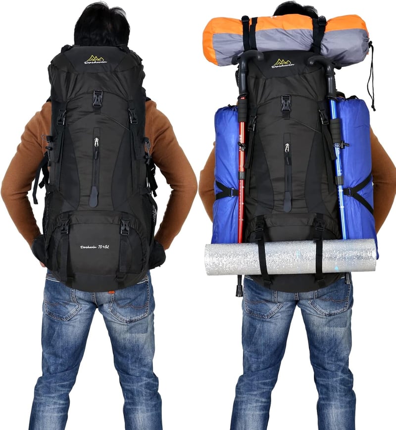 Doshwin 70L Túrahátizsák - Vízálló Esővédővel, Kemping, Túrázás, Utazás, Kirándulás - Unisex Oxford Anyagú Hátizsák Fekete Színben - XL, Black