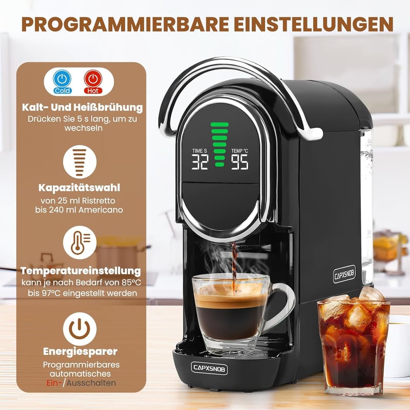 CAPXSNOB Magician1 Mini 5 az 1-ben Kávéfőző - Nespresso, Dolce Gusto, Lavazza Kompatibilis, 20 Bar, LED Kijelző, 7 Vízszint, Kompakt Kapszul - Black