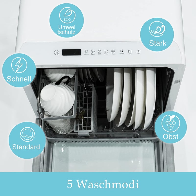 Mini Mosogatógép 6 Programmal - Asztali Kivitel, Víztartállyal vagy Csatlakozással, Szárítás Funkcióval, Lakásba, Irodába, Kemping