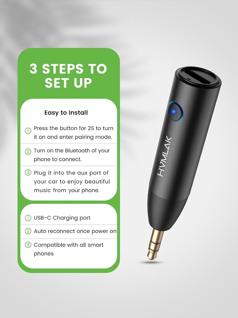 HVMLAK Bluetooth 5.3 AUX adapter autóba, erős mikrofonnal, fém burkolattal