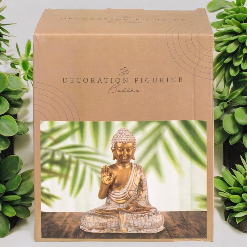 MIJOMA Arany-Fehér Vintage Buddha Szobor 21 cm Méretben Polirezinből, Mécses Tartóval - Spirituális Lakásdekoráció, Elegáns Ajándék