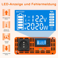DATOUBOSS Feszültségátalakító 12V-230V 2000W/4000W Tiszta Szinusz Inverter LCD Kijelzővel, USB és Type-C Porttal Lakóautóhoz, Autóhoz 5