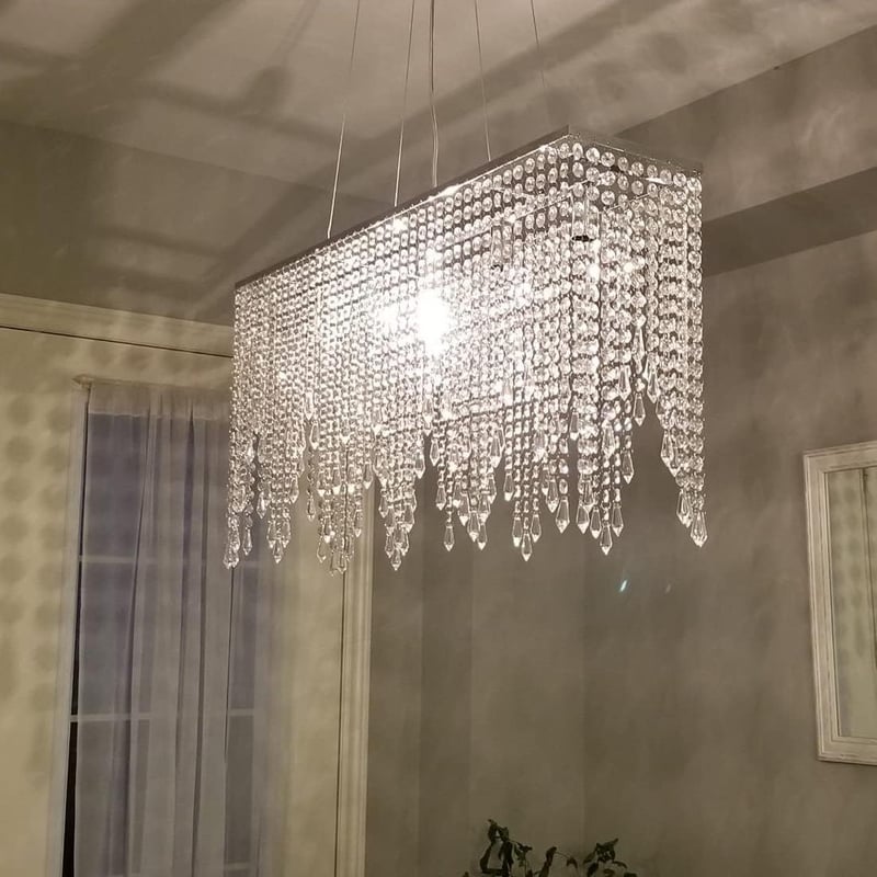 A1A9 Modern Téglalap Alakú Kristály Csillár - K9 Esőcsepp LED Mennyezeti Lámpa Nappaliba, Étkezőbe 80x40cm, Króm Kivitel, E14 Foglalat