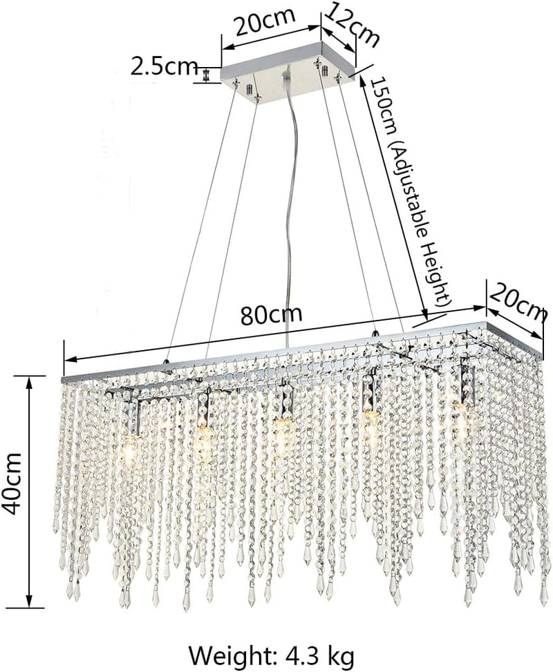 A1A9 Modern Téglalap Alakú Kristály Csillár - K9 Esőcsepp LED Mennyezeti Lámpa Nappaliba, Étkezőbe 80x40cm, Króm Kivitel, E14 Foglalat
