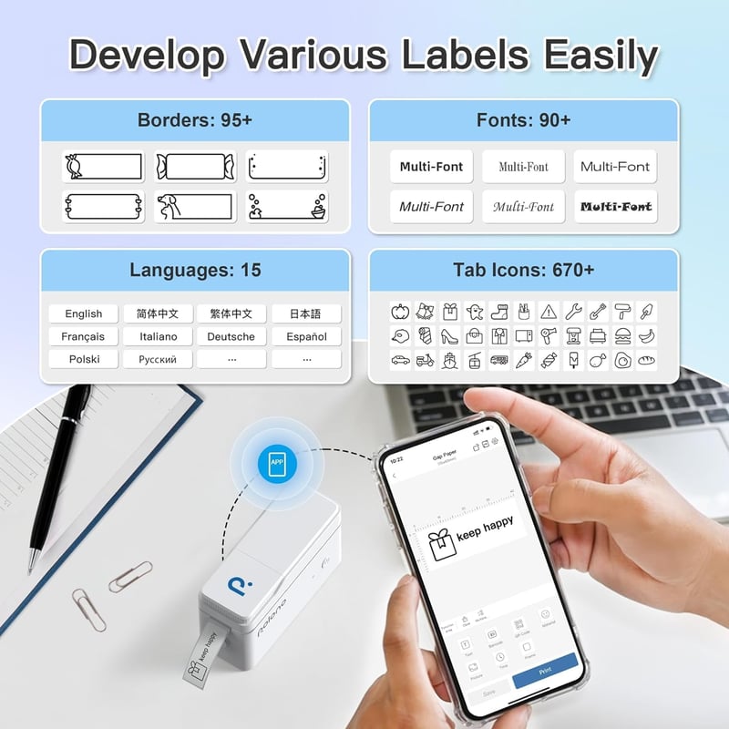 POLONO P31s Bluetooth Címkenyomtató - Hordozható Öntapadós Címkéző iOS/Android, Fehér
