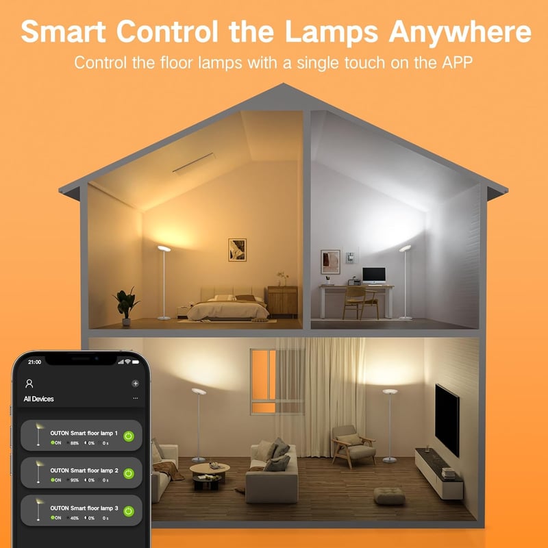 OUTON Okos LED Állólámpa 30W 3000lm - WiFi Szabályozható, Alexa és Google Asszisztens Kompatibilis, Távirányítós, Applikációval Vezérelhető 