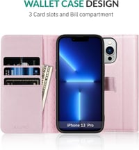 iPhone 13 Pro 5G Rózsaszín Bőr Tok Pénztárcával és Állvánnyal 3