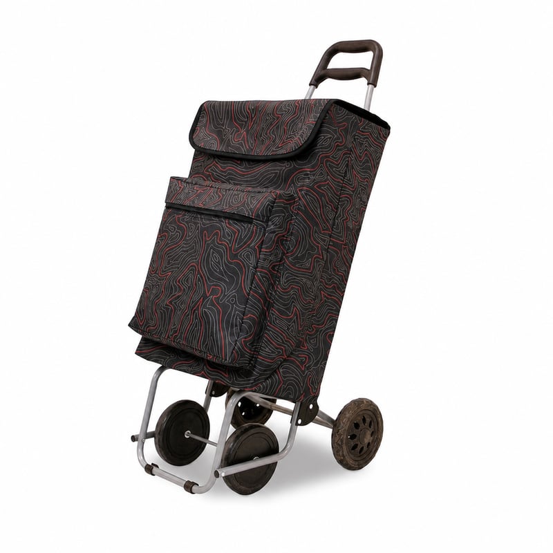 Skladací nákupný vozík s chladiacou priehradkou, 4 kolieska, čierny so vzorom, 48 l, max. 15 kg — špinavé kolieska (stav: pozri 2. obrázok)