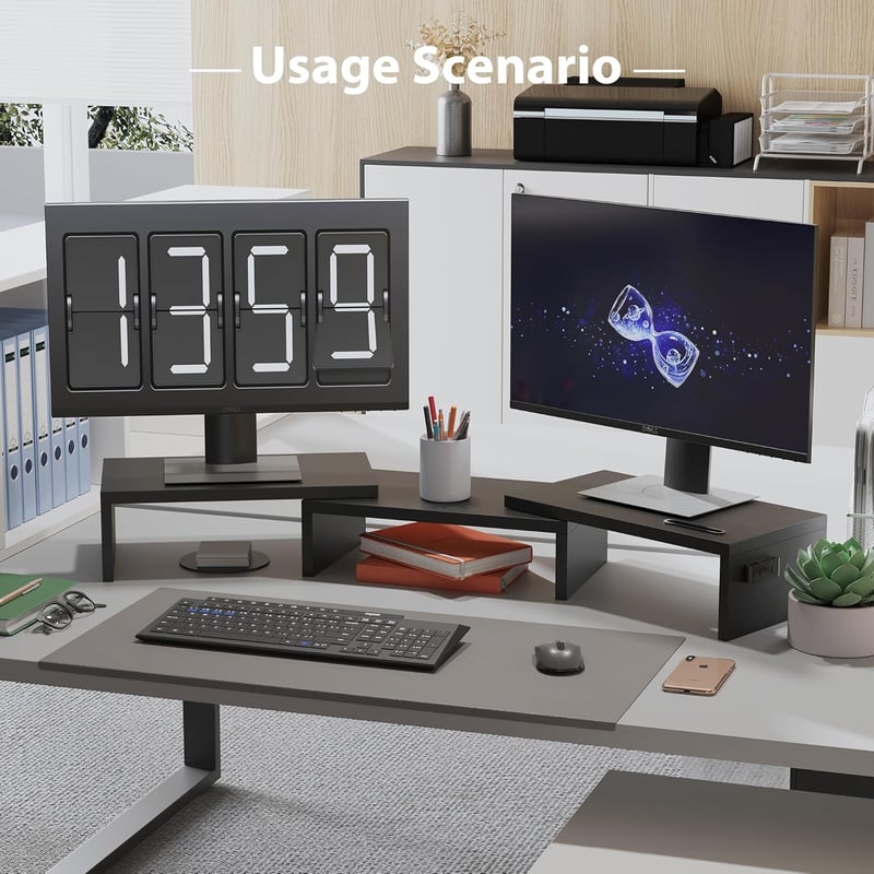 BONTEC Dupla Monitor Állvány - Állítható Magasságú és Szögű Fa Asztali Szervező Telefontartóval, Kábelrendezővel PC Monitorhoz, Laptophoz, 5