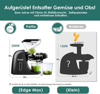 Fretta Slow Juicer Gyümölcs- és Zöldségprés 200W - Széles 76mm Adagolónyílás, Hidegprés Technológia, Könnyen Tisztítható Fekete Gyümölcsfacs - Black 8
