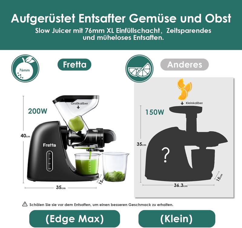 Fretta Slow Juicer Gyümölcs- és Zöldségprés 200W - Széles 76mm Adagolónyílás, Hidegprés Technológia, Könnyen Tisztítható Fekete Gyümölcsfacs - Black