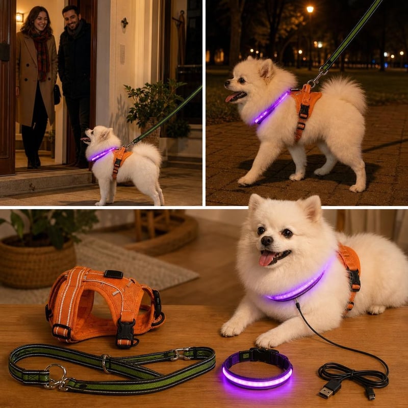Fényes esti kutyázás: fényvisszaverő hám + LED nyakörv + fényvisszaverő póráz + USB kábel