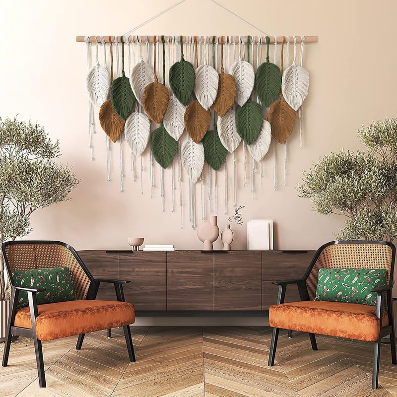 Boho makramé falidísz - Nagy méretű, kézzel szőtt levél mintás fali szőnyeg