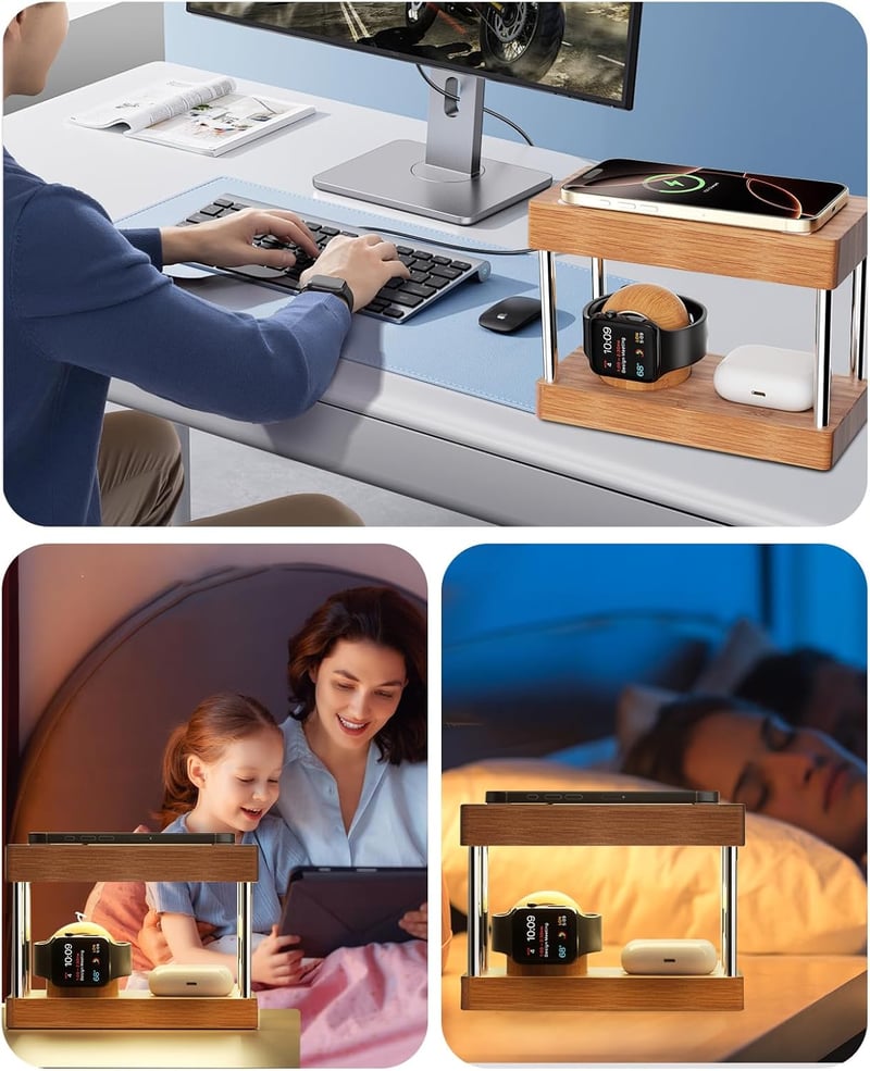 Alltripal 4-in-1 Vezeték Nélküli Éjjeli Lámpa Töltőállomás - iPhone/Apple Watch/AirPods Töltő Fa Dizájnnal, 3 Színhőmérséklet, Állítható Fén