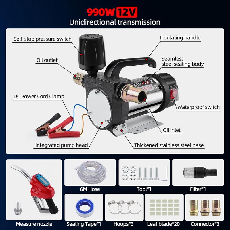 KAOLALI 12V 990W Dízel Szivattyú - 60L/perc Elektromos Üzemanyag Átemelő, Önfelszívó Gázolaj Pumpa 6m Tömlővel, Automatikus Leállítással