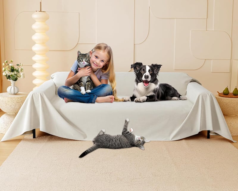 Cat Kanapévédő Takaró - Bútorkarcvédő Macskáknak, 380x180 cm, Vízálló, Csúszásgátló, Bézs, Mosható, Kutyáknak és Gyerekeknek is