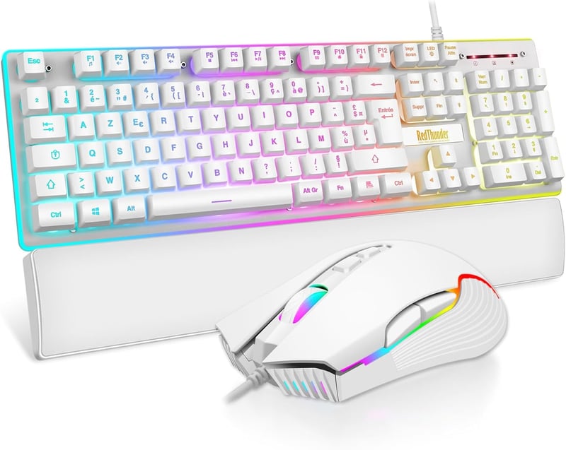 RedThunder K10 Gamer Billentyűzet és Egér Szett, Francia AZERTY + Csuklótámasz, RGB Háttérvilágítás, 7200 DPI Ergonomikus Egér, Fehér