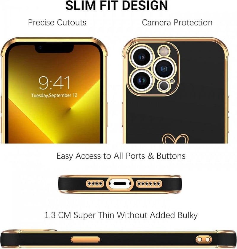 iPhone 13 Pro Szívecskés Ütésálló Tok - Fekete-Rosegold Szilikon Védőtok