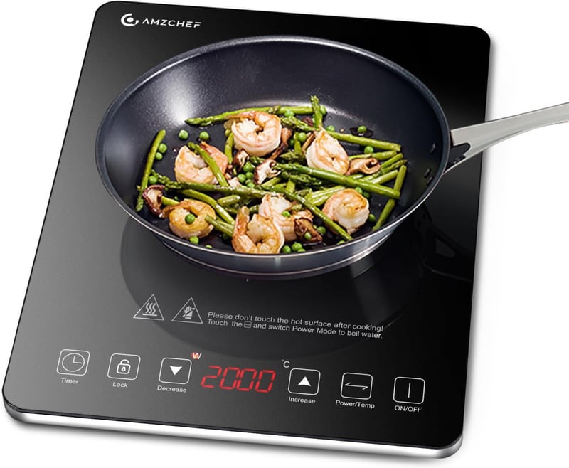 AMZCHEF Indukciós Főzőlap - Ultravékony Ezüst Egyzónás Lap 2000W Teljesítménnyel, 20 Hőfokszint, Időzítő és Biztonsági Zár Funkcióval - Small, Black