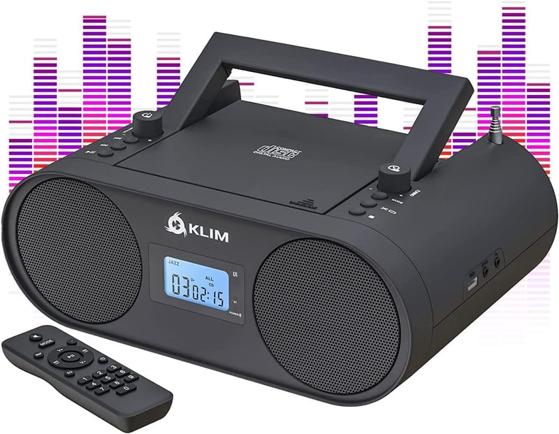 KLIM Boombox B4 Hordozható CD Lejátszó AM/FM Rádióval, Bluetooth, USB, MP3, AUX Funkcióval, Újratölthető Akkumulátorral és Távirányítóval, F