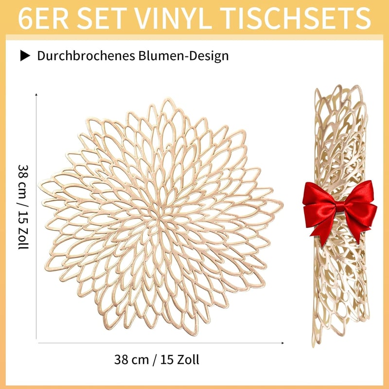 wiipara Arany Tányéralátét Szett 6 db - Mosható PVC Alátét Karácsonyi Asztaldekorációhoz, Esküvőre, Étkezőasztalra - Kerek 38 cm Átmérőjű Te