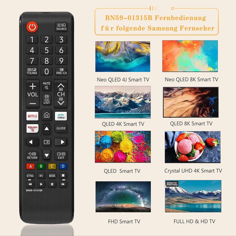 FOXRMT BN59-01315B Univerzális Távirányító Samsung Smart TV-hez - 4K/QLED/UHD Kompatibilis, Programozás Nélküli Csere, Netflix Gyorsgombbal