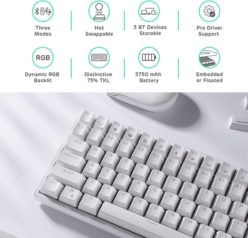 RK ROYAL KLUDGE RK84 75% RGB Fehér Mechanikus Gamer Billentyűzet - Vezeték Nélküli Bluetooth/2.4GHz 