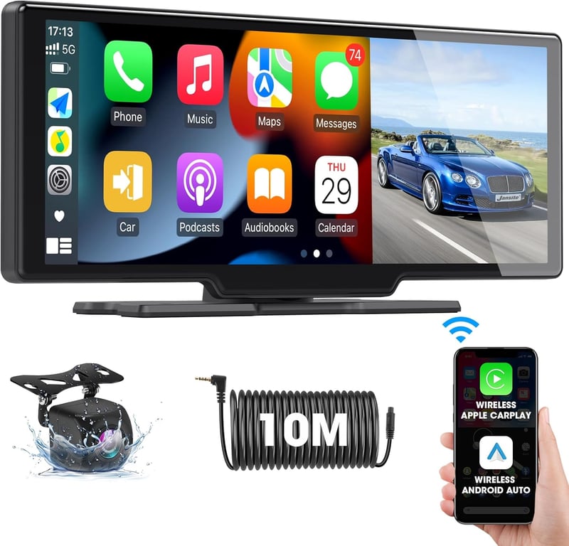 Jansite 10.26" Vezeték Nélküli CarPlay Android Autós Kijelző Érintőképernyővel, Tolatókamerával, Bluetooth, Mirror Link, Siri, AUX, FM Rádió