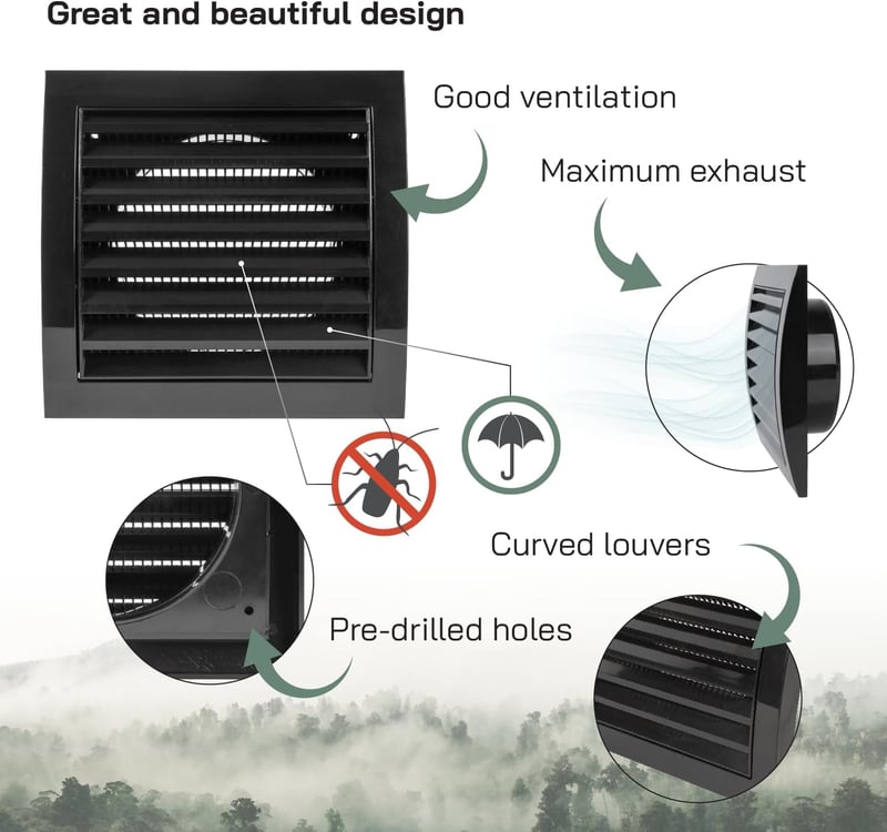 Vent Systems 100 mm Fekete Szellőzőrács - Szárítógép, Fürdőszoba, Kültéri/Beltéri Légkivezető Takaró, Elszívó Rendszer, ABS Anyag, Könnyen S