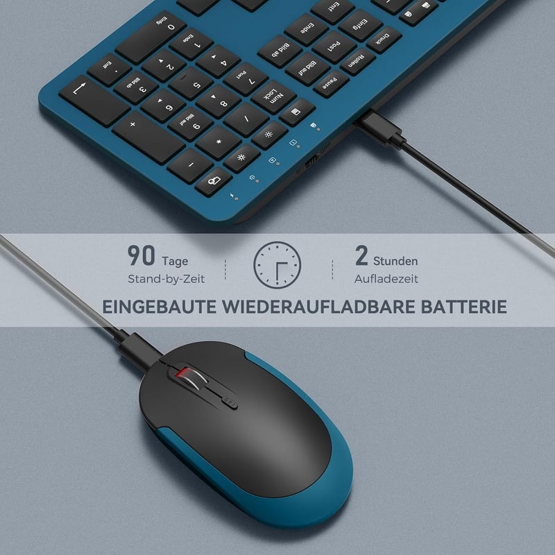 seenda SK38-3 Vezeték Nélküli Billentyűzet-Egér Szett, Ultravékony Tölthető, Ergonomikus, Szilikon Porvédővel, PC/Laptop/TV, QWERTZ, Fekete-