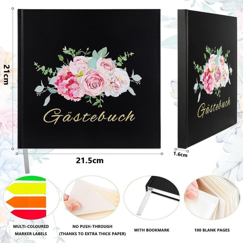 Elegáns Fekete-Rózsaarany Esküvői Vendégkönyv 100 Oldallal és 165 Matricával, 21,5x21cm