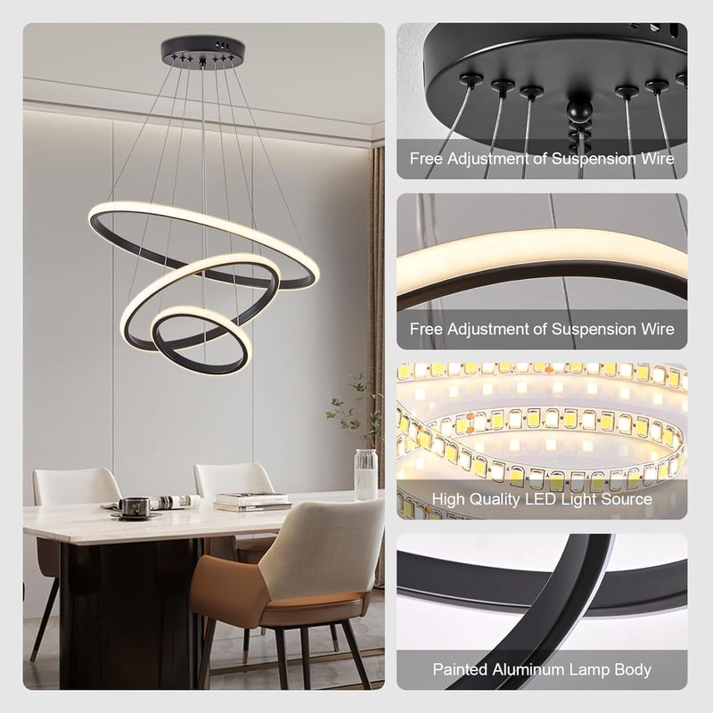 BRIMETI Függőlámpa Étkezőasztalhoz - 50 cm Állítható Magasságú 3 Izzós 45W LED Mennyezeti Lámpa Távirányítóval, Fényerőszabályzós, Nappali, 