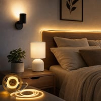 Pachet Iluminat Esti: 1x lampă perete + 5m bandă LED alb cald + 1x lampă masă 1