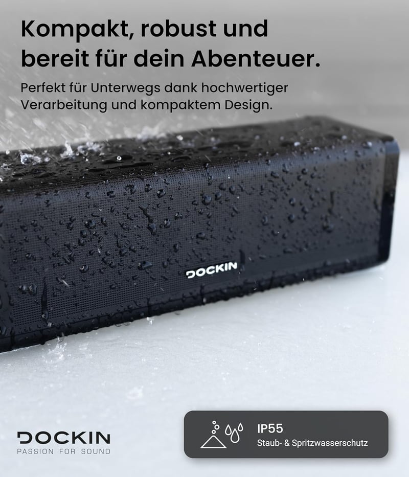 DOCKIN D FINE+ 2 Bluetooth Hangszóró, 50W, IPX5 Vízálló, 16 Órás Üzemidő, Powerbank Funkcióval, 3 DSP Hangszínszabályzóval, Fekete
