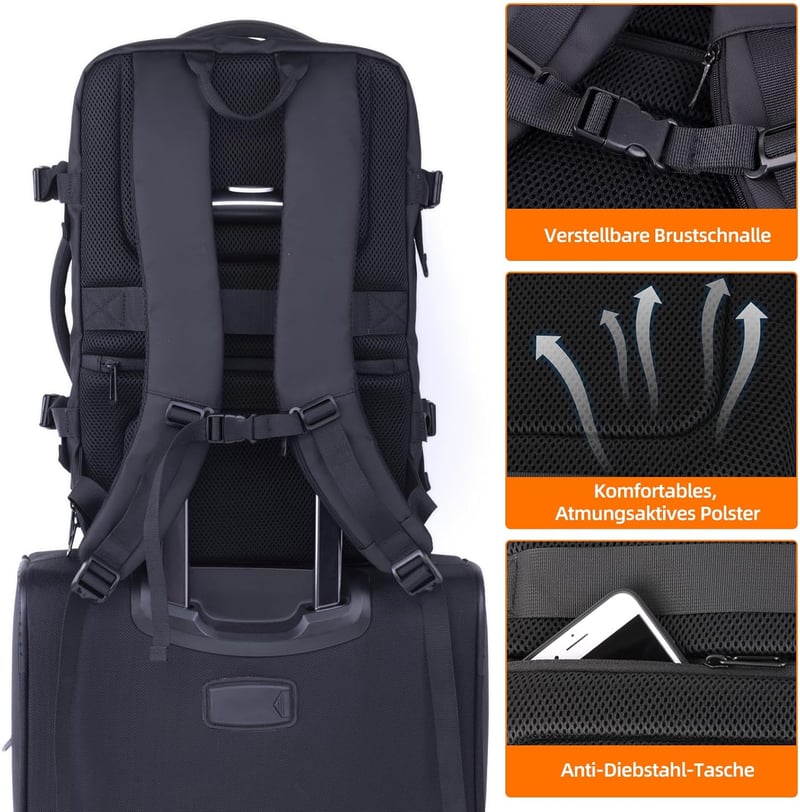 KINGSLONG Bővíthető Laptop Hátizsák 19" - 28-46L Vízlepergető Utazótáska USB Töltőporttal, Repülőgép Fedélzetre Vihető, Vákuumtasakkal és Pu