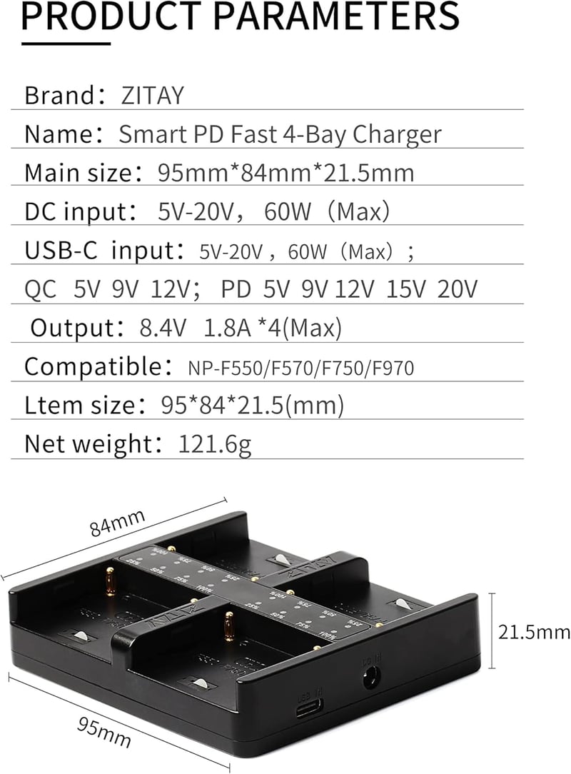 ZITAY 4-csatornás NP-F Akkumulátor Töltő - USB-C PD Gyorstöltés, Sony NP-F550/F750/F770/F970 Kompatibilis, 65W Hálózati Adapterrel