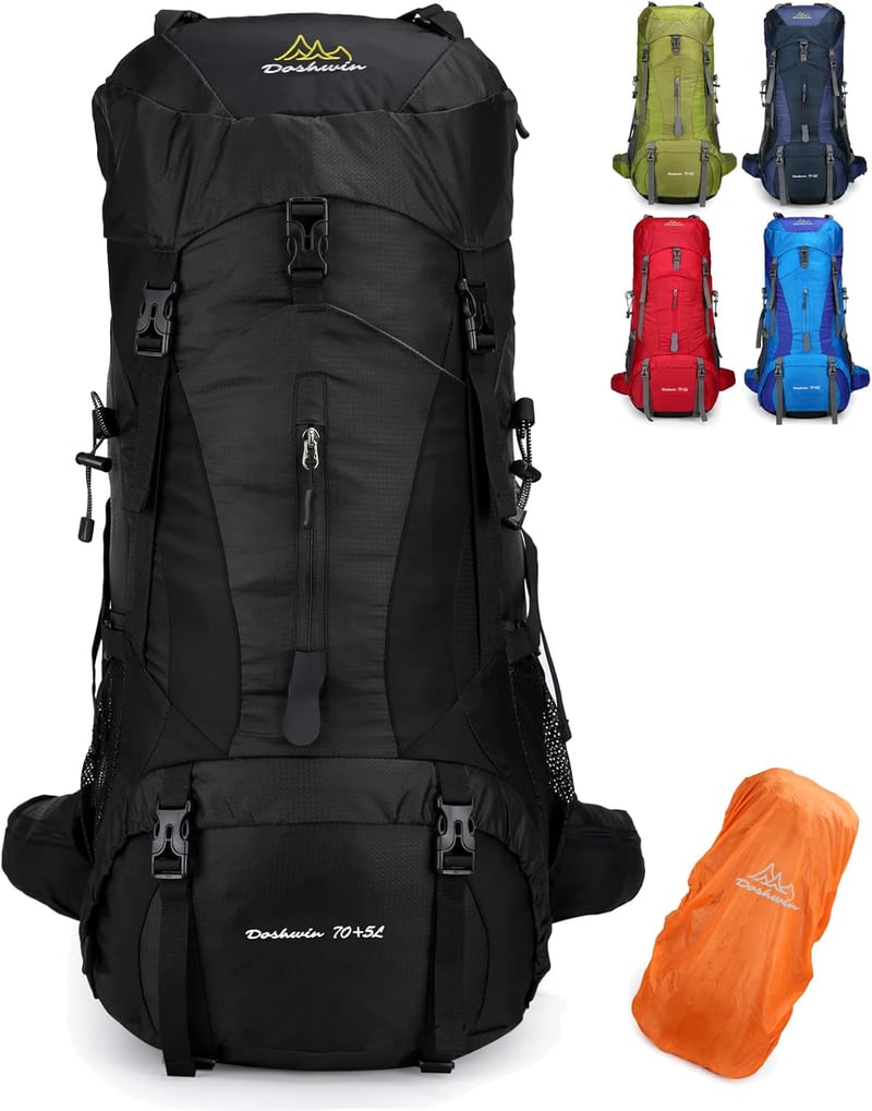 Doshwin 70L Túrahátizsák - Vízálló Esővédővel, Kemping, Túrázás, Utazás, Kirándulás - Unisex Oxford Anyagú Hátizsák Fekete Színben - XL, Black