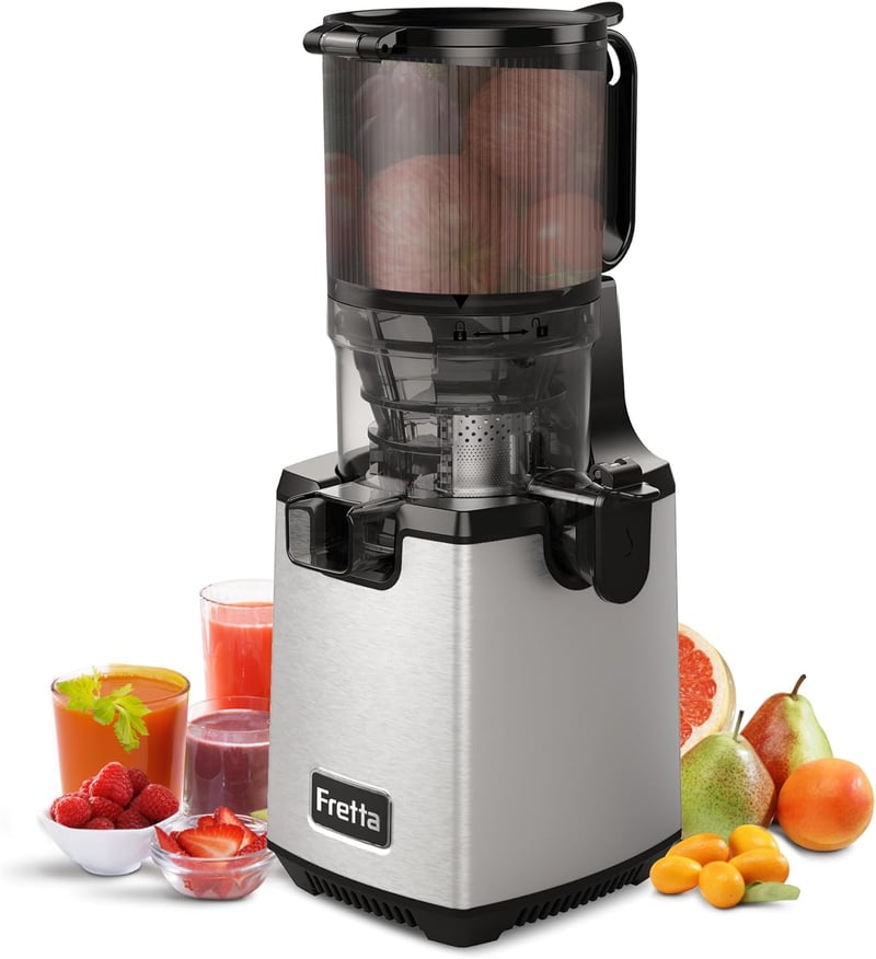 Fretta Slow Juicer 250W Gyümölcs- és Zöldségprés - Rozsdamentes Acél Hidegprés 135mm Széles Adagolónyílással, Visszaforgató Funkcióval, BPA-