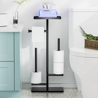 SWTYMIKI Szabadon Álló WC Papír Tartó Polccal - Fekete Rozsdamentes Acél, Fúrás Nélkül Telepíthető, 4 Tartalék Tekercshez 1