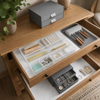 Set Organizare Sertare: 1x tăviță metal + 1x folie adezivă + 1x suport cuțite + 1x organizator 2 sertare 1