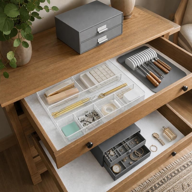 Set Organizare Sertare: 1x tăviță metal + 1x folie adezivă + 1x suport cuțite + 1x organizator 2 sertare