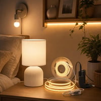 Fényvarázs hálószobai világítás: LED izzó + 5 m LED szalag + fehér textilbúrás asztali lámpa 1