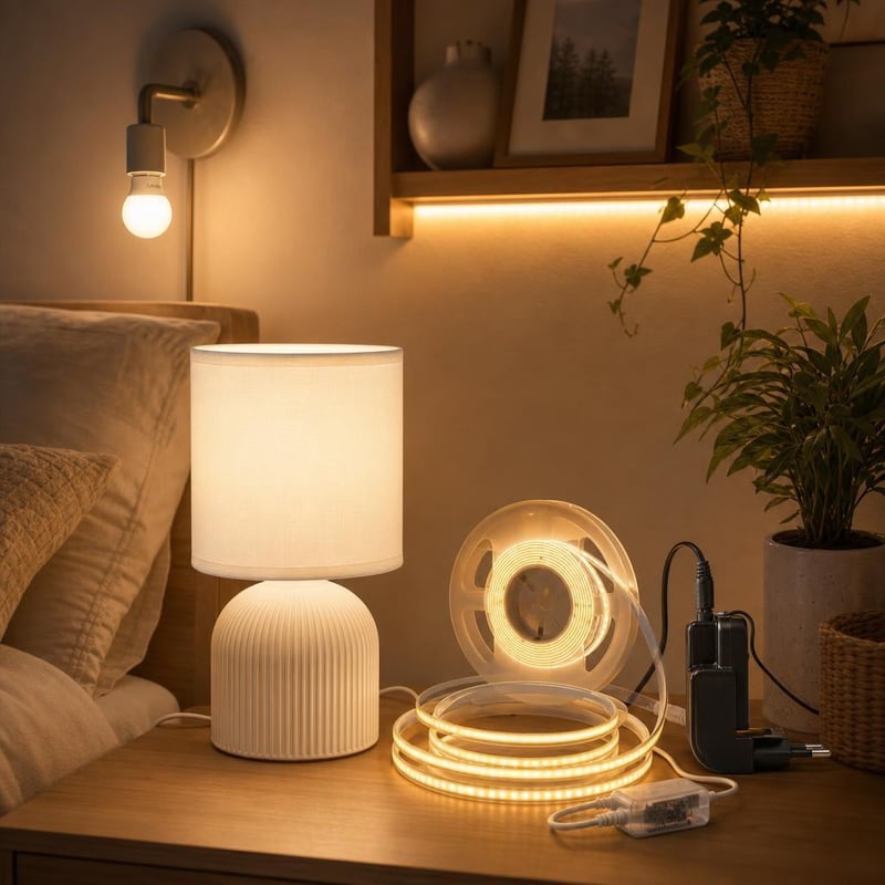 Fényvarázs hálószobai világítás: LED izzó + 5 m LED szalag + fehér textilbúrás asztali lámpa
