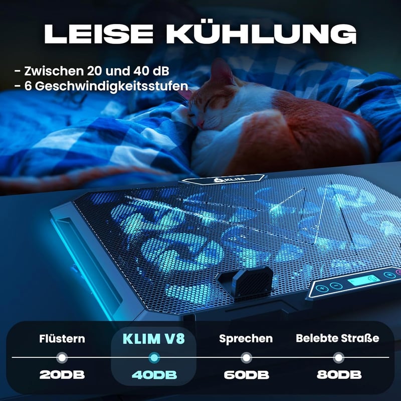 KLIM V8 Gamer Laptop Hűtőpad 8 Ventilátorral - RGB Világítás - 17 Colos Laptopokhoz - 2 USB Port - Telefontartó - Állítható Szög