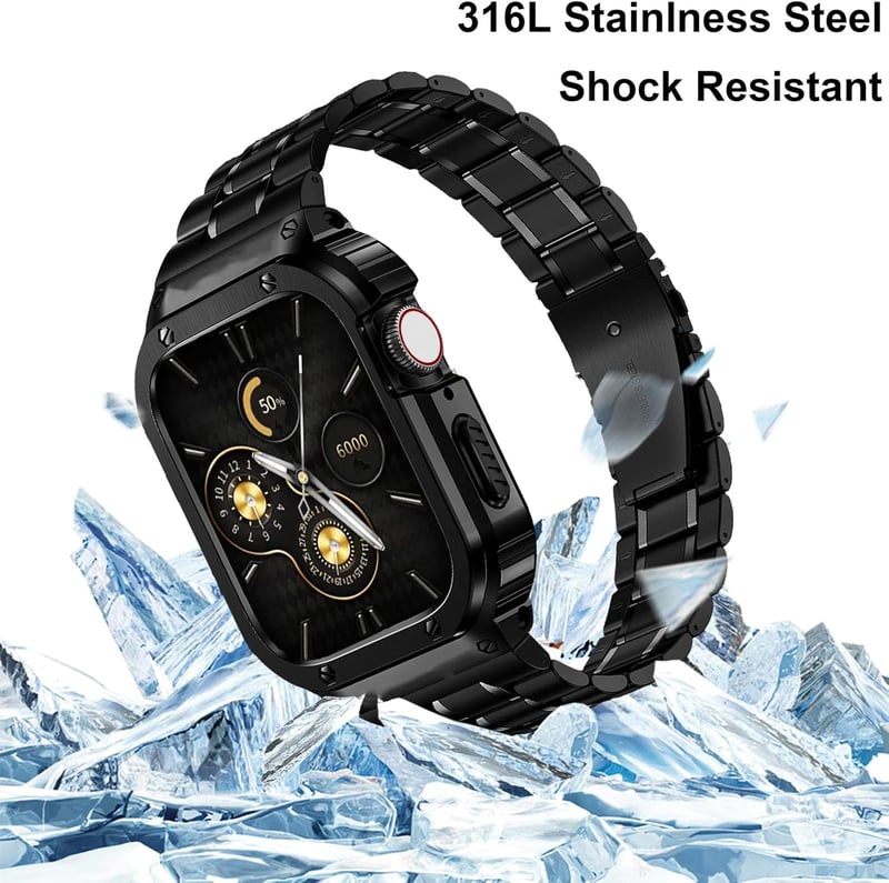 HASLFM Apple Watch 45mm Szíj - Rozsdamentes Acél Fém Pánt Védőtokkal, Kompatibilis iWatch Series 9/8/7 Órákkal, Férfi, Fekete