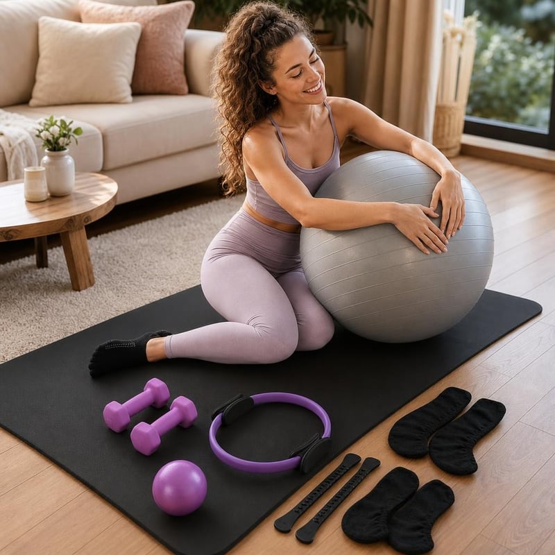Set za vježbanje kod kuće: 1x fit lopta 55cm + pilates podloga + pilates obruč + 2x uteg od 2kg + 2 para čarapa